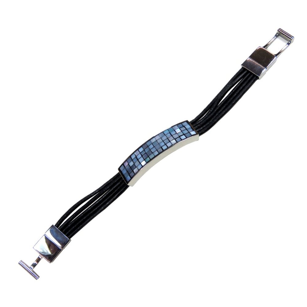 Inox Women's Stainless Steel Bracelet with Mosaic Pattern and Black Waxed Cord